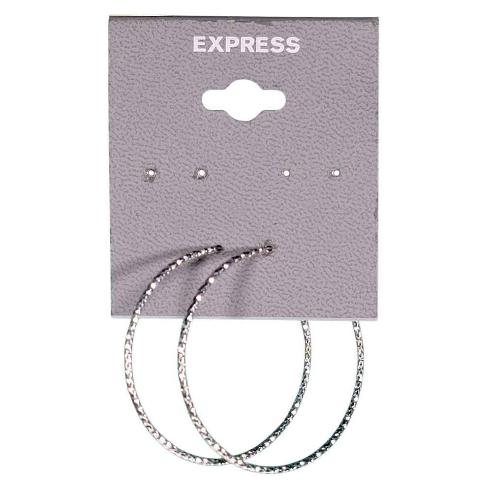Express Silver Tone Hoop Earrings 1.5" Diamond Cut Textured Endless Wire Classic